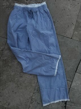 Blue and White Pinstripe Pants with Lace Trim